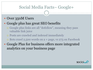 Social Media Facts– Google+
 Over 350M Users
 Google plus has great SEO benefits
 Google plus links are all “dofollow”,...