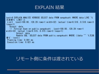 EXPLAIN 結果
test=# EXPLAIN ANALYZE VERBOSE SELECT data FROM sangokushi WHERE data LIKE '%
兀突骨 %' LIMIT 3;
Limit (cost=100.00..128.29 rows=1 width=32) (actual time=0.516..0.518 rows=3
loops=1)
Output: data
-> Foreign Scan on public.sangokushi (cost=100.00..128.29 rows=1
width=32) (actual time=0.515..0.515 rows=3 loops=1)
Output: data
Remote SQL: SELECT data FROM public.sangokushi WHERE ((data ~~ '% 兀突
骨 %'::text))
Planning time: 0.091 ms
Execution time: 0.821 ms
リモート側に条件は渡されている
 
