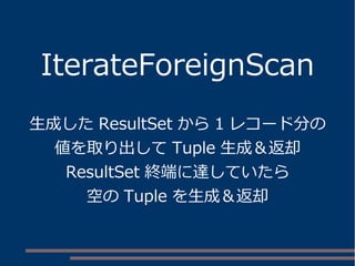 IterateForeignScan
生成した ResultSet から 1 レコード分の
値を取り出して Tuple 生成＆返却
ResultSet 終端に達していたら
空の Tuple を生成＆返却
 