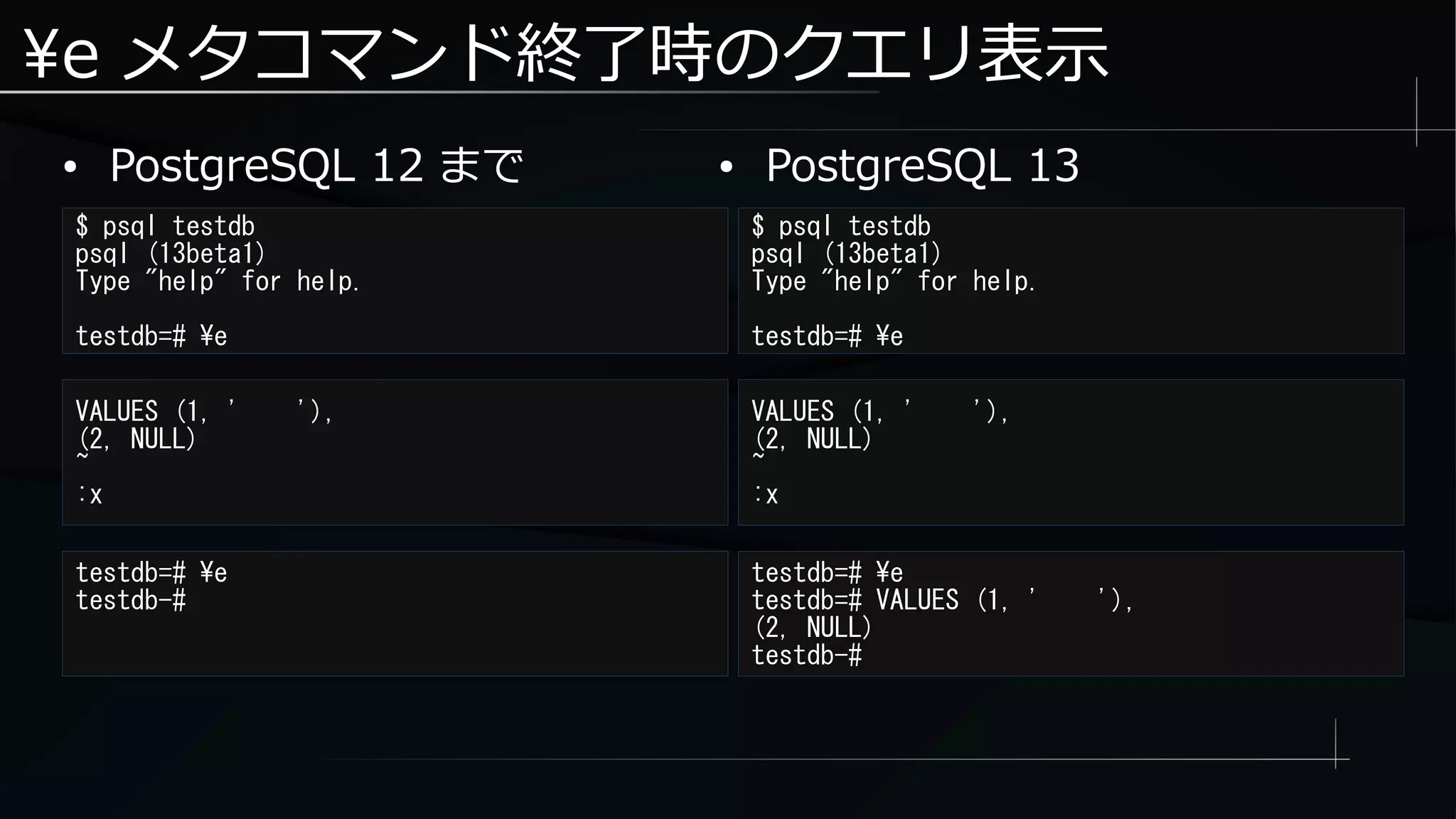 e メタコマンド終了時のクエリ表示
● PostgreSQL 12 まで
$ psql testdb
psql (13beta1)
Type "help" for help.
testdb=# e
$ psql testdb
psql (13beta1)
Type "help" for help.
testdb=# e
● PostgreSQL 13
VALUES (1, ' '),
(2, NULL)
~
:x
VALUES (1, ' '),
(2, NULL)
~
:x
testdb=# e
testdb-#
testdb=# e
testdb=# VALUES (1, ' '),
(2, NULL)
testdb-#
 