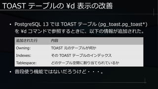 TOAST テーブルの d 表示の改善
● PostgreSQL 13 では TOAST テーブル (pg_toast.pg_toast*)
を d コマンドで参照するときに、以下の情報が追加された。
追加された行 内容
Owning: TOAST 元のテーブルが何か
Indexes: その TOAST テーブルのインデックス
Tablespace: どのテーブル空間に割り当てられているか
● 普段使う機能ではないだろうけど・・・。
 