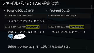 ファイルパスの TAB 補完改善
● PostgreSQL 12 まで
testdb=# COPY test FROM '/tmp/t testdb=# COPY test FROM '/tmp/t
● PostgreSQL 13
ここで水平タブを入力すると・・・
testdb=# COPY test FROM /tmp/test.dat testdb=# COPY test FROM '/tmp/test.dat'
消える！シングルクォート！
にゃーん
改善っていうか Bug-Fix に近いような気がする。
残る！シングルクォート！
 