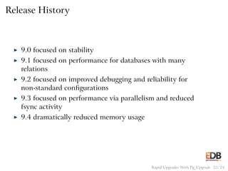 Release History
◮ 9.0 focused on stability
◮ 9.1 focused on performance for databases with many
relations
◮ 9.2 focused on improved debugging and reliability for
non-standard conﬁgurations
◮ 9.3 focused on performance via parallelism and reduced
fsync activity
◮ 9.4 dramatically reduced memory usage
Rapid Upgrades With Pg_Upgrade 22 / 24
 