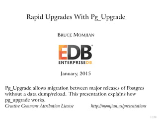 Rapid Upgrades With Pg_Upgrade
BRUCE MOMJIAN
January, 2015
Pg_Upgrade allows migration between major releases of Postgres
without a data dump/reload. This presentation explains how
pg_upgrade works.
Creative Commons Attribution License http://momjian.us/presentations
1 / 24
 