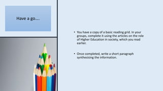 Have a go….
• You have a copy of a basic reading grid. In your
groups, complete it using the articles on the role
of Higher Education in society, which you read
earlier.
• Once completed, write a short paragraph
synthesising the information.
 