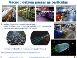 Paulo GOMES , CERN – TE / VSC Portuguese Language Teachers Program, 5 Sep 2023 17
Em qualquer acelerador, o vácuo é necessário para :
reduzir as colisões entre as particulas aceleradas e as moléculas do ar
maximizar a duração do feixe (100h : 10-8 mbar)
minimizar o ruído de fundo para as experiências (10-11 mbar )
https://home.web.cern.ch/science/engineering/vacuum-empty-interstellar-space
LINAC_2: 50 MeV PS_Booster: 1.4 GeV PS: 26 GeV SPS: 450 GeV
LHC: 7 000 GeV
 