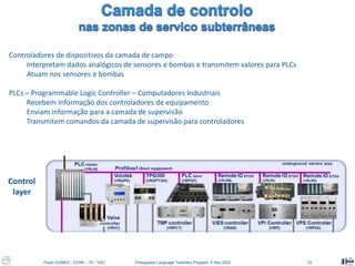 Paulo GOMES , CERN – TE / VSC Portuguese Language Teachers Program, 5 Sep 2023 33
Controladores de dispositivos da camada de campo
Interpretam dados analógicos de sensores e bombas e transmitem valores para PLCs
Atuam nos sensores e bombas
PLCs – Programmable Logic Controller – Computadores Industriais
Recebem informação dos controladores de equipamento
Enviam informação para a camada de supervisão
Transmitem comandos da camada de supervisão para controladores
Control
layer
 