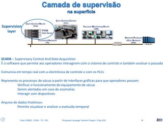 Paulo GOMES , CERN – TE / VSC Portuguese Language Teachers Program, 5 Sep 2023 34
Supervision
layer
SCADA – Supervisory Control And Data Acquisition
É o software que permite aos operadores interagirem com o sistema de controlo e também analisar o passado
Comunica em tempo real com a electrónica de controle e com os PLCs
Representa os processos de vácuo a partir de interfaces gráficas para que operadores possam:
Verificar o funcionamento do equipamento de vácuo
Serem alertados em caso de anomalias
Interagir com dispositivos
Arquivo de dados históricos:
Permite visualizar e analizar a evolucão temporal
 