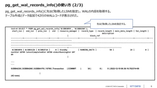 © 2022 NTT DATA Corporation 9
pg_get_wal_records_info()の使い方 (2/3)
pg_get_wal_records_info()に先ほど取得したLSNを指定し、WALの内容を取得する。
テーブル作成とデータ追加で42行のWALレコードが表示された。
test=# SELECT * FROM pg_get_wal_records_info('0/2BB30F0', '0/2BB4260');
start_lsn | end_lsn | prev_lsn | xid | resource_manager | record_type | record_length | main_data_length | fpi_length |
description
| block_ref
-----------+-----------+-----------+-------+------------------+---------------+---------------+------------------+------------+----
--------------------------------------------------------
-----------------------------------------------------------------------------------------------------------------------------------
--------------------------------------------------------
----------------------------------------------------+-------------------------------------------------
0/2BB30F0 | 0/2BB3128 | 0/2BB2F18 | 0 | Standby | RUNNING_XACTS | 50 | 24 | 0 |
nextXid 10789 latestCompletedXid 10788 oldestRunningXid 107
89
|
...
...
0/2BB4238 | 0/2BB4260 | 0/2BB41F8 | 10790 | Transaction | COMMIT | 34 | 8 | 0 | 2022-12-19 08:38:19.702374+00
|
(42 rows)
先ほど取得したLSNを指定する。
 