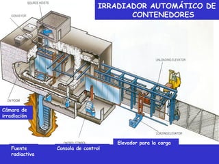 IRRADIADOR AUTOMÁTICO DE
                                 SEMINARIO SOBRE OTRAS APLICACIONES NUCLEARES

                                       USOS AGROALIMENTARIOS
                                          CONTENEDORES




Cámara de
irradiación




                                         Elevador para la carga
    Fuente       Consola de control
    radiactiva
 