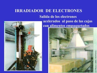 IRRADIADOR DE ELECTRONES
        Salida de los electrones
          acelerados al paso de las cajas
          con alimentos empaquetados
 