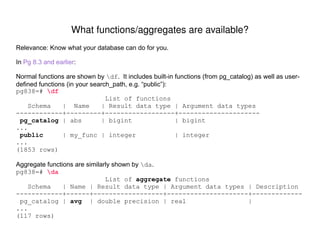 What is an execution plan? To see a query's execution plan, use the  EXPLAIN  command before the query. To also run the query and capture how much time was spent in each step of the plan, use  EXPLAIN ANALYZE . Original SQL: pg841=# select count(*) from orders where created_ts >= '2009-09-01'::timestamp ; count  ------- 65472 (1 row) Execution plan with  estimated   costs and row-counts: pg841=#  explain  select count(*) from orders where created_ts >= '2009-09-01'::timestamp ; QUERY PLAN  ------------------------------------------------------------------------------------ Aggregate  (cost=2100.85..2100.86 rows=1 width=0) ->  Seq Scan on orders  (cost=0.00..1937.00 rows= 65538  width=0) Filter: (created_ts >= '2009-09-01 00:00:00'::timestamp without time zone) (3 rows) Execution plan with  actual   runtimes  and row-counts: pg841=#  explain analyze  select count(*) from orders where created_ts >= '2009-09-01'::timestamp ; QUERY PLAN  ------------------------------------------------------------------------------------------------------------------- Aggregate  (cost=2100.85..2100.86 rows=1 width=0)   (actual time=251.210..251.212 rows=1 loops=1) ->  Seq Scan on orders  (cost=0.00..1937.00 rows= 65538  width=0)   (actual time=0.018..140.495 rows= 65472  loops=1) Filter: (created_ts >= '2009-09-01 00:00:00'::timestamp without time zone) Total runtime: 251.269 ms (4 rows) 