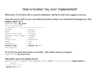 Access methods  are used by leaf nodes to pull data from tables/indexes. Join methods  specify which type of algorithm will be used to implement each of the query's joins. QUERY PLAN  ------------------------------------------------------------------------------------------------------ Sort  (cost=248.54..248.79 rows=99 width=8) Sort Key: o.order_id ->  Nested Loop  (cost=4.34..245.26 rows=99 width=8) ->  Nested Loop  (cost=4.34..234.94 rows=10 width=4) ->  Seq Scan  on customers c  (cost=0.00..194.00 rows=1 width=4) Filter: (name = 'JOHN DOE'::text) ->  Bitmap Heap Scan  on orders o  (cost=4.34..40.82 rows=10 width=8) Recheck Cond: (o.cust_id = c.cust_id) ->  Bitmap Index Scan  on idx_orders_cust_id  (cost=0.00..4.34 rows=10 width=0) Index Cond: (o.cust_id = c.cust_id) ->  Index Scan  using order_details_pk on order_details od  (cost=0.00..0.91 rows=10 width=8) Index Cond: (od.order_id = o.order_id) (12 rows) QUERY PLAN  ---------------------------------------------------------------------------------------------------------------------- Aggregate   (cost=18850.37..18850.38 rows=1 width=8) ->  Hash Join   (cost=53.18..18801.97 rows=9679 width=8) Hash Cond: (od.order_id = o.order_id) ->  Seq Scan  on order_details od  (cost=0.00..14902.00 rows=1000000 width=8) ->  Hash  (cost=41.00..41.00 rows=974 width=4) ->  Index Scan  using pidx_orders_order_id_not_shipped on orders o  (cost=0.00..41.00 rows=974 width=4) Filter: is_paid (7 rows) Reading an execution plan: What are access methods and join methods? 