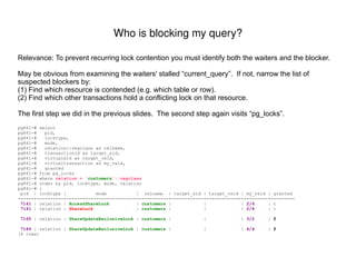Here's a trivial query joining 2 tables. pg841=# explain select count(*) from my_tab1  inner join  my_tab2  using (key)  ; QUERY PLAN  --------------------------------------------------------------------------------------- Aggregate  (cost=42.26..42.27 rows=1 width=0) ->  Nested Loop  (cost=0.00..42.01 rows=100 width=0) ->  Seq Scan on my_tab1  (cost=0.00..2.00 rows=100 width=4) ->  Index Scan using idx_my_tab2 on my_tab2  (cost=0.00..0.39 rows=1 width=4) Index Cond: (my_tab2.key = my_tab1.key) (5 rows) Notice that the  Nested Loop  node does not specify any join conditions, even though the SQL does.  The  Nested Loop  is effectively cross-joining its 2 inputs.  Why would it do that, when the SQL says to join on column  key ? Because the join condition has been pushed down into child #2's index filter.  So for each row from child #1 ( Seq Scan ), the parent ( Nested Loop ) calls child #2 ( Index Scan ), passing it info from child #1's row.  If this session forbids the use of indexes, the join filter won't be pushed down. pg841=#  set enable_indexscan = off ; SET pg841=#  set enable_bitmapscan = off ; SET pg841=# explain select count(*) from my_tab1  inner join  my_tab2  using (key)  ; QUERY PLAN  --------------------------------------------------------------------------- Aggregate  (cost=229.35..229.36 rows=1 width=0) ->  Nested Loop  (cost=2.10..229.10 rows=100 width=0) Join Filter: (my_tab1.key = my_tab2.key) ->  Seq Scan on my_tab1  (cost=0.00..2.00 rows=100 width=4) ->  Materialize  (cost=2.10..3.10 rows=100 width=4) ->  Seq Scan on my_tab2  (cost=0.00..2.00 rows=100 width=4) (6 rows) pg841=# reset all ; RESET Join Conditions can sometimes be implemented by a child node. 