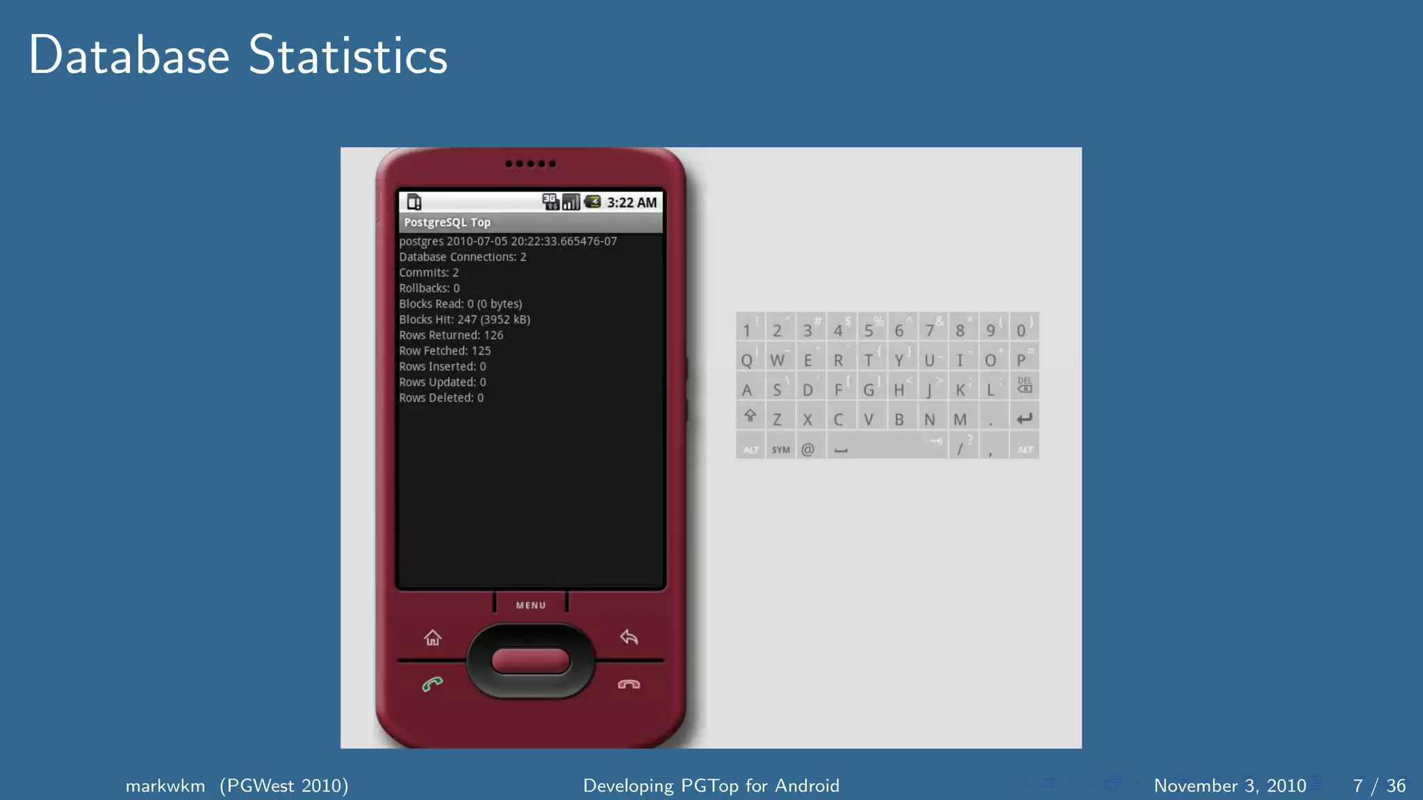 Database Statistics
markwkm (PGWest 2010) Developing PGTop for Android November 3, 2010 7 / 36
 