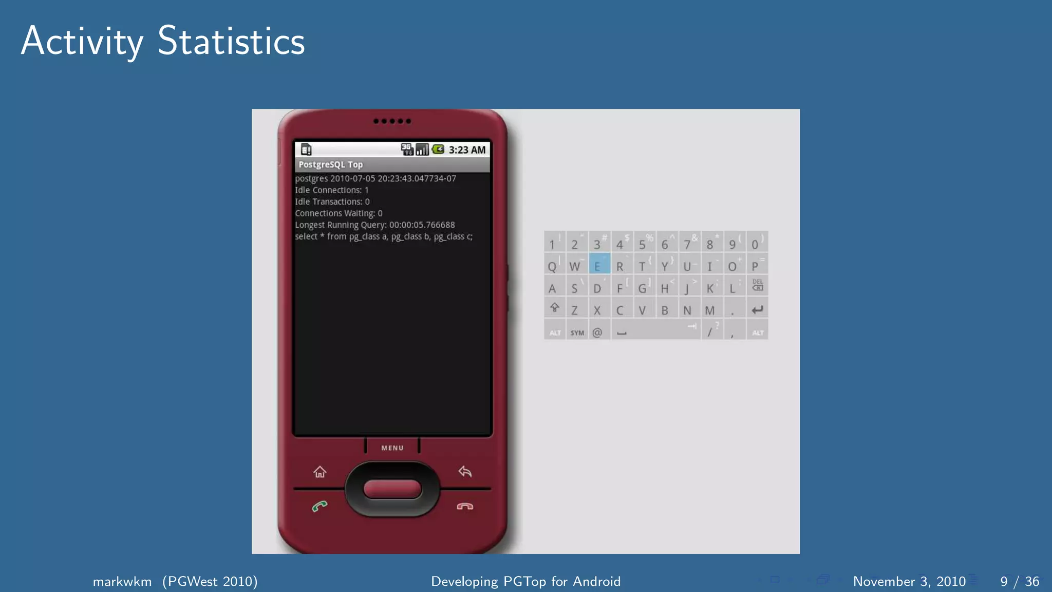 Activity Statistics
markwkm (PGWest 2010) Developing PGTop for Android November 3, 2010 9 / 36
 