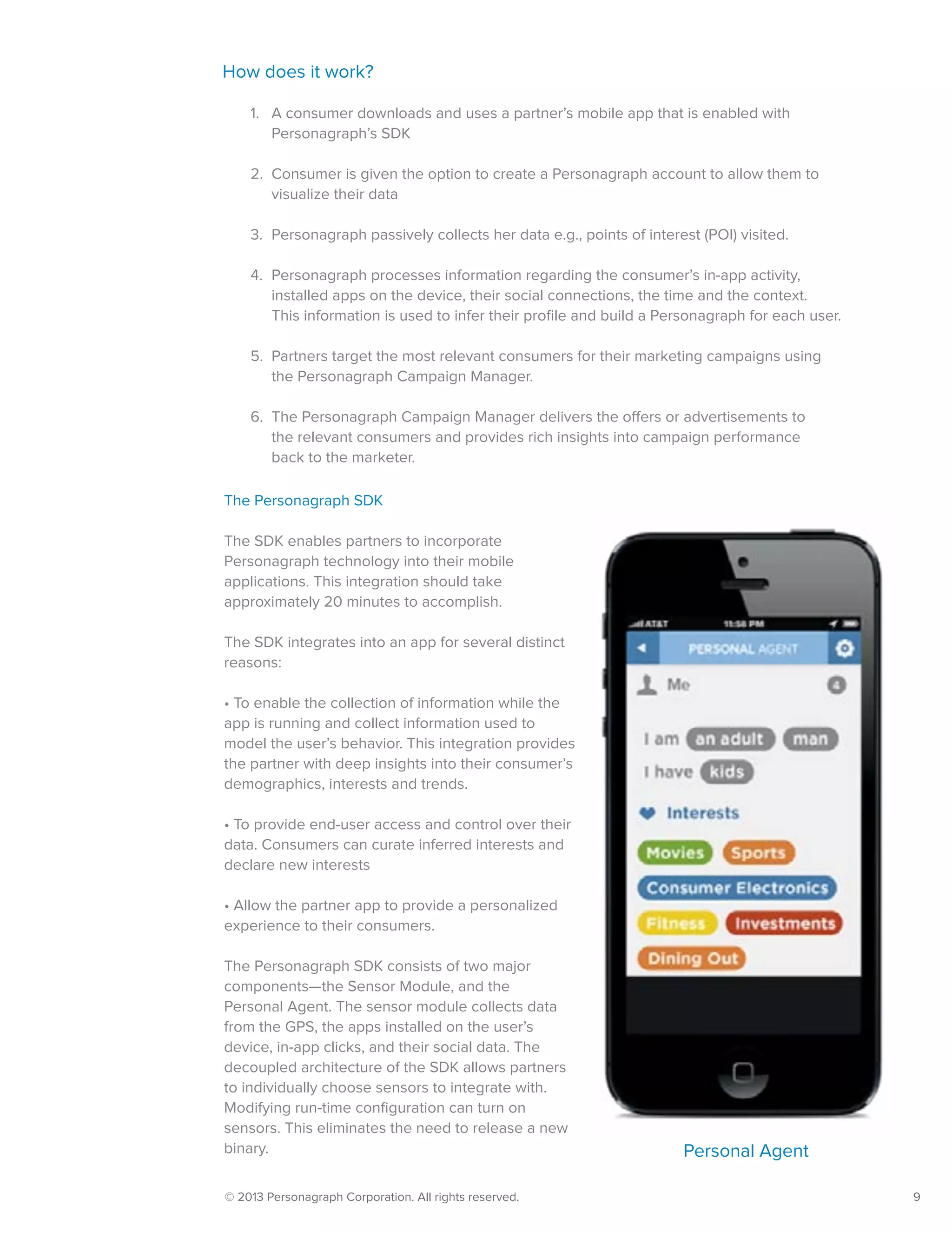 © 2013 Personagraph Corporation. All rights reserved.		 9
How does it work?
1.	 A consumer downloads and uses a partner’s mobile app that is enabled with
Personagraph’s SDK
2.	 Consumer is given the option to create a Personagraph account to allow them to
visualize their data
3.	 Personagraph passively collects her data e.g., points of interest (POI) visited.
4.	 Personagraph processes information regarding the consumer’s in-app activity,
installed apps on the device, their social connections, the time and the context.
This information is used to infer their profile and build a Personagraph for each user.
5.	 Partners target the most relevant consumers for their marketing campaigns using
the Personagraph Campaign Manager.
6.	 The Personagraph Campaign Manager delivers the offers or advertisements to
the relevant consumers and provides rich insights into campaign performance
back to the marketer.
The Personagraph SDK
The SDK enables partners to incorporate
Personagraph technology into their mobile
applications. This integration should take
approximately 20 minutes to accomplish.
The SDK integrates into an app for several distinct
reasons:
• To enable the collection of information while the
app is running and collect information used to
model the user’s behavior. This integration provides
the partner with deep insights into their consumer’s
demographics, interests and trends.
• To provide end-user access and control over their
data. Consumers can curate inferred interests and
declare new interests
• Allow the partner app to provide a personalized
experience to their consumers.
The Personagraph SDK consists of two major
components—the Sensor Module, and the
Personal Agent. The sensor module collects data
from the GPS, the apps installed on the user’s
device, in-app clicks, and their social data. The
decoupled architecture of the SDK allows partners
to individually choose sensors to integrate with.
Modifying run-time configuration can turn on
sensors. This eliminates the need to release a new
binary. Personal Agent
 