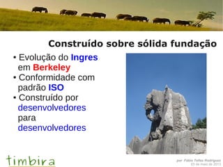 por Fábio Telles Rodriguez
03 de maio de 2013
Construído sobre sólida fundação
● Evolução do Ingres
em Berkeley
● Conformidade com
padrão ISO
● Construído por
desenvolvedores
para
desenvolvedores
 