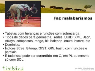 por Fábio Telles Rodriguez
21 de julho de 2015
Faz malabarismos
● Tabelas com heranças e funções com sobrecarga
● Tipos de dados para geometria, redes, UUID, XML, Json,
Arrays, compostos, range, bit, boleano, enum, hstore, etc
● Domínios;
● Índices Btree, Bitmap, GIST, GIN, hash, com funções e
parciais
● E tudo isso pode ser estendido em C, em PL ou mesmo
só com SQL.
 