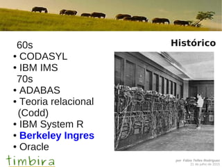 por Fábio Telles Rodriguez
21 de julho de 2015
Histórico60s
● CODASYL
● IBM IMS
70s
● ADABAS
● Teoria relacional
(Codd)
● IBM System R
● Berkeley Ingres
● Oracle
 