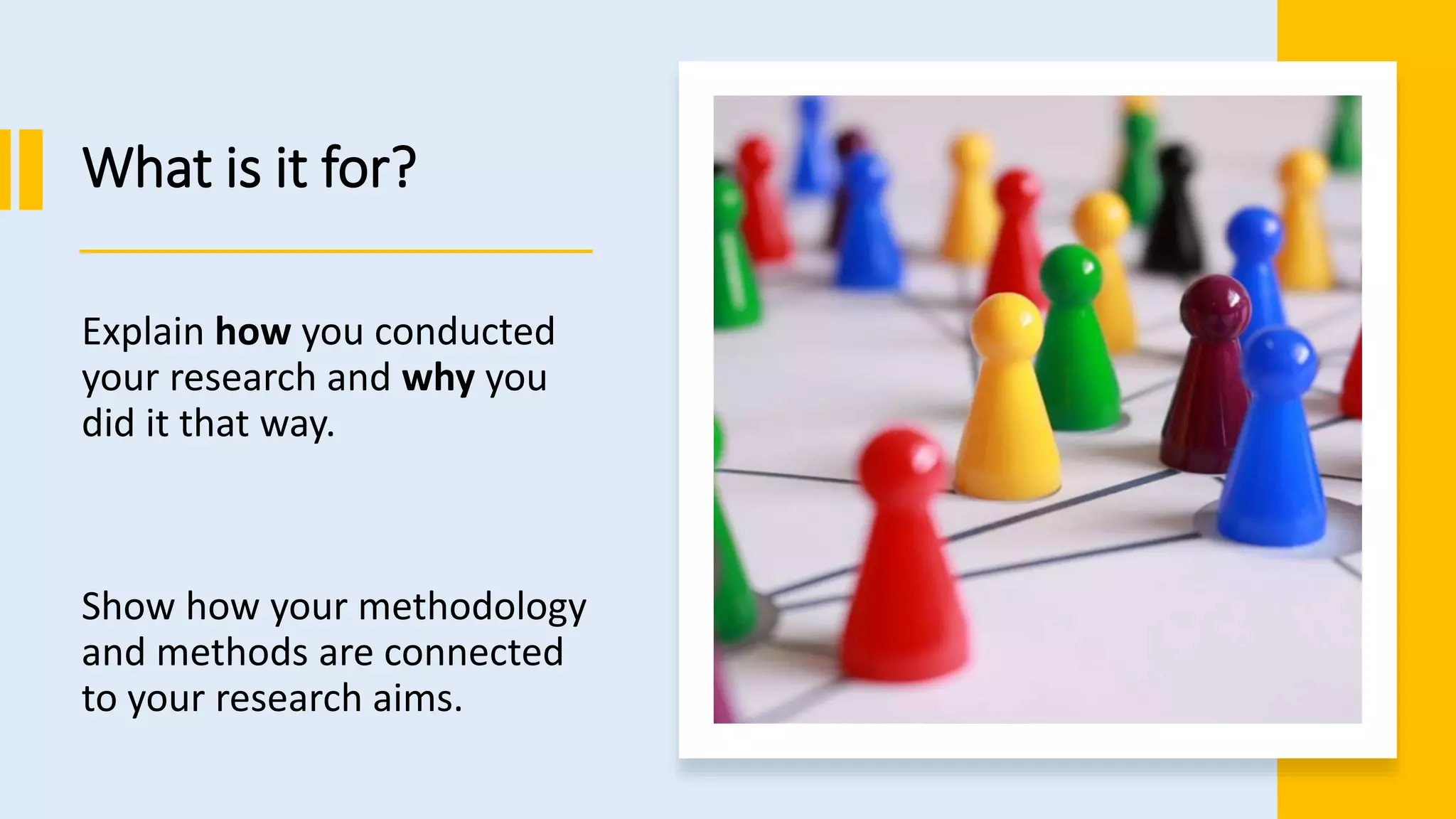 What is it for?
Explain how you conducted
your research and why you
did it that way.
Show how your methodology
and methods are connected
to your research aims.
 