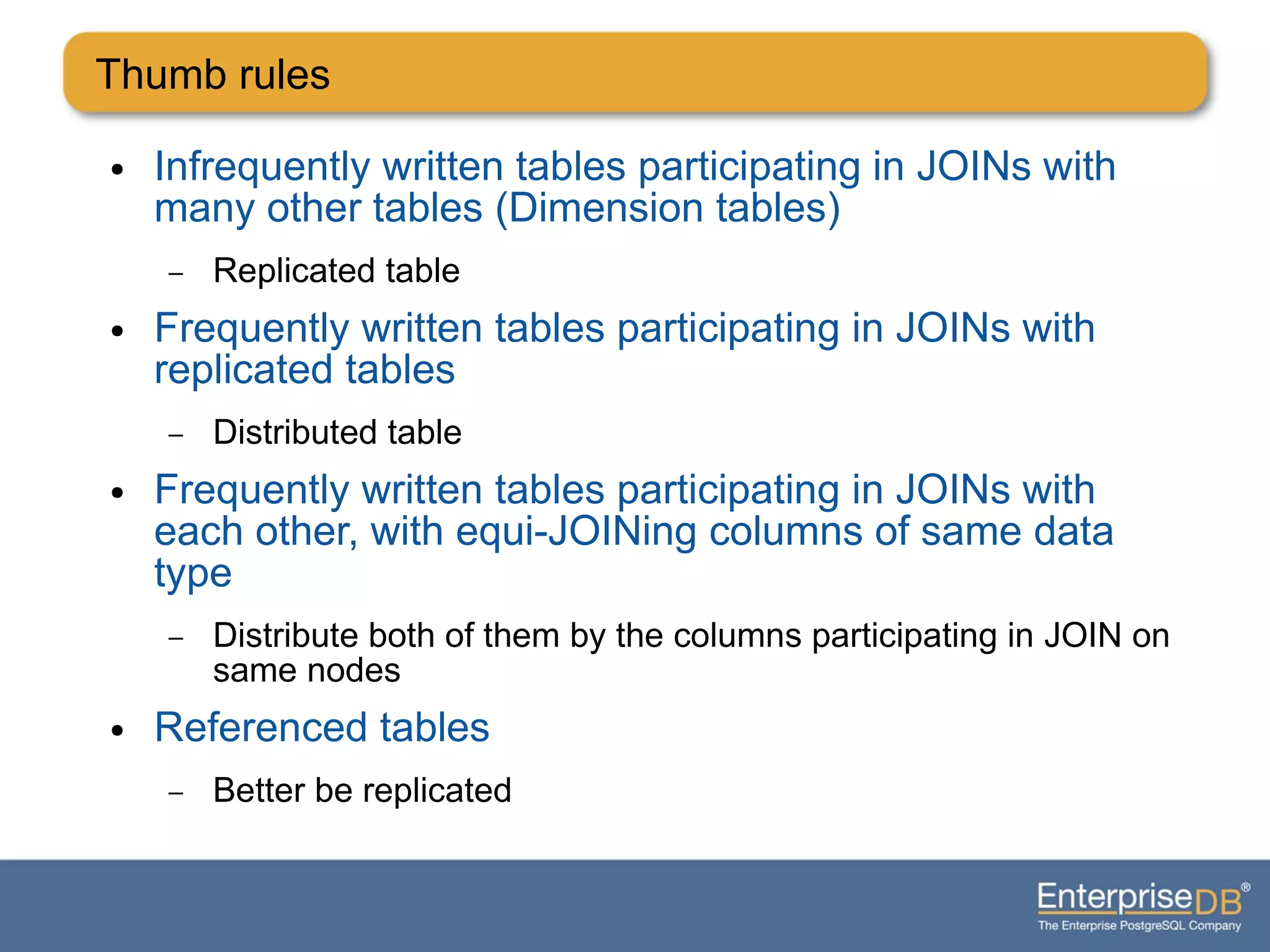 Thumb rules
● Infrequently written tables participating in JOINs with
many other tables (Dimension tables)
– Replicated table
● Frequently written tables participating in JOINs with
replicated tables
– Distributed table
● Frequently written tables participating in JOINs with
each other, with equi-JOINing columns of same data
type
– Distribute both of them by the columns participating in JOIN on
same nodes
● Referenced tables
– Better be replicated
 