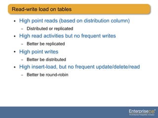 Read-write load on tables
● High point reads (based on distribution column)
– Distributed or replicated
● High read activities but no frequent writes
– Better be replicated
● High point writes
– Better be distributed
● High insert-load, but no frequent update/delete/read
– Better be round-robin
 