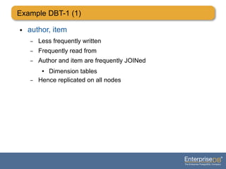 Example DBT-1 (1)
● author, item
– Less frequently written
– Frequently read from
– Author and item are frequently JOINed
● Dimension tables
– Hence replicated on all nodes
 