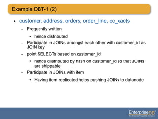 Example DBT-1 (2)
● customer, address, orders, order_line, cc_xacts
– Frequently written
● hence distributed
– Participate in JOINs amongst each other with customer_id as
JOIN key
– point SELECTs based on customer_id
● hence diistributed by hash on customer_id so that JOINs
are shippable
– Participate in JOINs with item
● Having item replicated helps pushing JOINs to datanode
 
