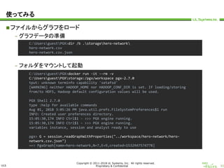 ULS
Copyright © 2011-2018 UL Systems, Inc. All rights reserved.
Proprietary & Confidential 11
使ってみる
ファイルからグラフをロード
– グラフデータの準備
– フォルダをマウントして起動
C:UsersguestPGX>docker run -it --rm -v
C:UsersguestPGXstorage:/pgx/workspace pgx-2.7.0
tput: unknown terminfo capability 'setafsd'
[WARNING] neither HADOOP_HOME nor HADOOP_CONF_DIR is set. If loading/storing
from/to HDFS, Hadoop default configuration values will be used.
PGX Shell 2.7.0
type :help for available commands
Aug 01, 2018 3:05:26 PM java.util.prefs.FileSystemPreferences$1 run
INFO: Created user preferences directory.
15:05:30,174 INFO Ctrl$1 - >>> PGX engine running.
15:05:30,174 INFO Ctrl$1 - >>> PGX engine running.
variables instance, session and analyst ready to use
pgx> G = session.readGraphWithProperties("../workspace/hero-network/hero-
network.csv.json")
==> PgxGraph[name=hero-network,N=7,E=9,created=1532947574778]
C:UsersguestPGX>dir /b .storagehero-network
hero-network.csv
hero-network.csv.json
 