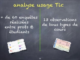 13 observations
de tous types de
cours
+ de 60 enquêtes
réalisées
entre profs &
étudiants
analyse usage Tic
12
 