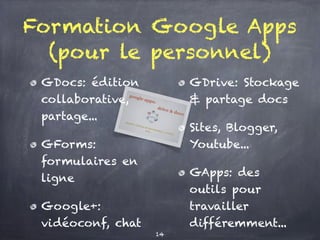 Formation Google Apps
(pour le personnel)
GDocs: édition
collaborative,
partage...
GForms:
formulaires en
ligne
Google+:
vidéoconf, chat
GDrive: Stockage
& partage docs
Sites, Blogger,
Youtube...
GApps: des
outils pour
travailler
différemment...
14
 
