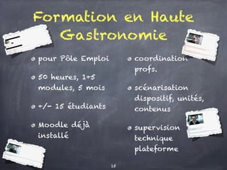 Formation en Haute
Gastronomie
pour Pôle Emploi
50 heures, 1+5
modules, 5 mois
+/- 15 étudiants
Moodle déjà
installé
coordination
profs.
scénarisation
dispositif, unités,
contenus
supervision
technique
plateforme
15
 