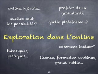Exploration dans l’online
quelles sont
les possibilités?
profiter de la
granularité
théoriques,
pratiques... licence, formation continue,
grand public...
comment évaluer?
online, hybride...
quelle plateforme...?
17
 