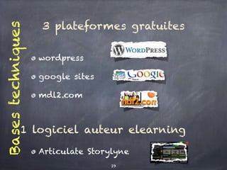 3 plateformes gratuites
wordpress
google sites
mdl2.com
1 logiciel auteur elearning
Articulate Storylyne
Basestechniques
19
 