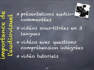 présentations audio-
commentées
vidéos sous-titrées en 3
langues
vidéos avec questions
compréhension intégrées
vidéo tutoriels
importancede
l'audiovisuel
21
 