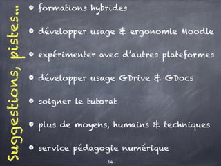 Suggestions,pistes...
• formations hybrides
• développer usage & ergonomie Moodle
• expérimenter avec d’autres plateformes
• développer usage GDrive & GDocs
• soigner le tutorat
• plus de moyens, humains & techniques
• service pédagogie numérique
24
 