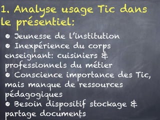 1. Analyse usage Tic dans
le présentiel:
• Jeunesse de l’institution
• Inexpérience du corps
enseignant: cuisiniers &
professionnels du métier
• Conscience importance des Tic,
mais manque de ressources
pédagogiques
• Besoin dispositif stockage &
partage documents9
 