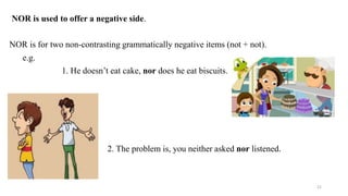 NOR is used to offer a negative side.
NOR is for two non-contrasting grammatically negative items (not + not).
e.g.
1. He doesn’t eat cake, nor does he eat biscuits.
2. The problem is, you neither asked nor listened.
21
 
