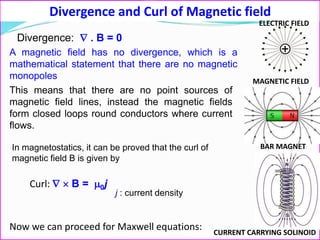 Divergence and Curl of Magnetic field
BAR MAGNET
CURRENT CARRYING SOLINOID
ELECTRIC FIELD
MAGNETIC FIELD
Divergence:  . B = 0
In magnetostatics, it can be proved that the curl of
magnetic field B is given by
A magnetic field has no divergence, which is a
mathematical statement that there are no magnetic
monopoles
This means that there are no point sources of
magnetic field lines, instead the magnetic fields
form closed loops round conductors where current
flows.
Curl:   B = 0j
j : current density
Now we can proceed for Maxwell equations:
 