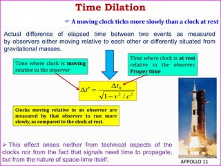 Time Dilation
Actual difference of elapsed time between two events as measured
by observers either moving relative to each other or differently situated from
gravitational masses.
 This effect arises neither from technical aspects of the
clocks nor from the fact that signals need time to propagate,
but from the nature of space-time itself.
22
0
/1 cv
t
t



Time where clock is moving
relative to the observer
Time where clock is at rest
relative to the observer.
Proper time
Clocks moving relative to an observer are
measured by that observer to run more
slowly, as compared to the clock at rest.
 A moving clock ticks more slowly than a clock at rest
APPOLLO 11
 