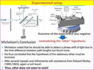 Experimental setup
Outcome of the experiment was negative
contradicting the “ether” hypothesis.Michelson’s Conclusion
 Michelson noted that he should be able to detect a phase shift of light due to
the time difference between path lengths but found none.
 He thus concluded that the hypothesis of the stationary ether must be
incorrect.
 After several repeats and refinements with assistance from Edward Morley
(1893-1923), again a null result.
 Thus, ether does not seem to exist!
 