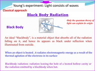 Young’s experiment: Light consists of waves
Black Body Radiation
Classical approach
Only the quantum theory of
light can explain its origin
An ideal “blackbody”, is a material object that absorbs all of the radiation
falling on it, and hence its appears as black under reflection when
illuminated from outside.
Black Body
When an object is heated , it radiates electromagnetic energy as a result of the
thermal agitation of the electrons in its surface
Blackbody radiation: radiation leaving the hole of a heated hollow cavity or
the radiation emitted by a blackbody when hot.
 