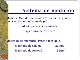 Sistema de medición Medidor. Medidor de tensión (CD) con divisiones de la escala en unidades de pH Alta impedancia de entrada Baja deriva de corriente Electrodo de referencia. Potencial estable. Electrodo de calomel  224mV Electrodo de Ag/AgCl  199mV 