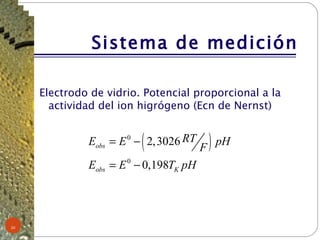 Sistema de medición Electrodo de vidrio. Potencial proporcional a la actividad del ion higrógeno (Ecn de Nernst) 