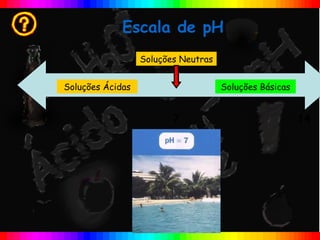 Escala de pH
                      Soluções Neutras


    Soluções Ácidas                      Soluções Básicas


0                            7                              14
 