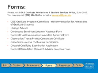 Intro Contact Academics Forms Resources Quiz
Please visit SEAS Graduate Admissions & Student Services Office, Suite 2885.
You may also call (202) 994-1802 or e-mail at seasgrad@gwu.edu
• CEE Graduate Program Committee - Recommendation for Admissions
of Graduate Students
• Change Advisor
• Continuous Enrollment/Leave of Absence Form
• Doctoral Final Examination Committee Approval Form
• Dissertation/Thesis/Project Completion Certificate
• Dissertation Journal Publication Certification
• Doctoral Qualifying Examination Application
• Doctoral Dissertation Research Advisor Selection Form
Forms:
 