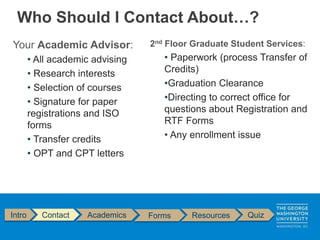 Intro Contact Academics Forms Resources Quiz
Who Should I Contact About…?
Your Academic Advisor:
• All academic advising
• Research interests
• Selection of courses
• Signature for paper
registrations and ISO
forms
• Transfer credits
• OPT and CPT letters
2nd Floor Graduate Student Services:
• Paperwork (process Transfer of
Credits)
•Graduation Clearance
•Directing to correct office for
questions about Registration and
RTF Forms
• Any enrollment issue
 