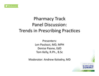 Pharmacy	
  Track	
  
Panel	
  Discussion:	
  
Trends	
  in	
  Prescribing	
  Prac7ces	
  	
  
Presenters:	
  
Len	
  Paulozzi,	
  MD,	
  MPH	
  
Denise	
  Paone,	
  EdD	
  
Tom	
  Kelly,	
  R.Ph.,	
  B.Sc	
  
Moderator:	
  Andrew	
  Kolodny,	
  MD	
  
 