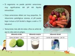  El organismo no puede permitir variaciones
muy significativas del pH del líquido
extracelular.
 Estas variaciones deben ser muy pequeñas. En
situaciones patológicas severas, el pH puede
bajar incluso a 6,4 (ácido) o llegar a subir a 7,7
(alcalino).
 Variaciones más allá de estas cifras es señal de
que la vida está en peligro.
 